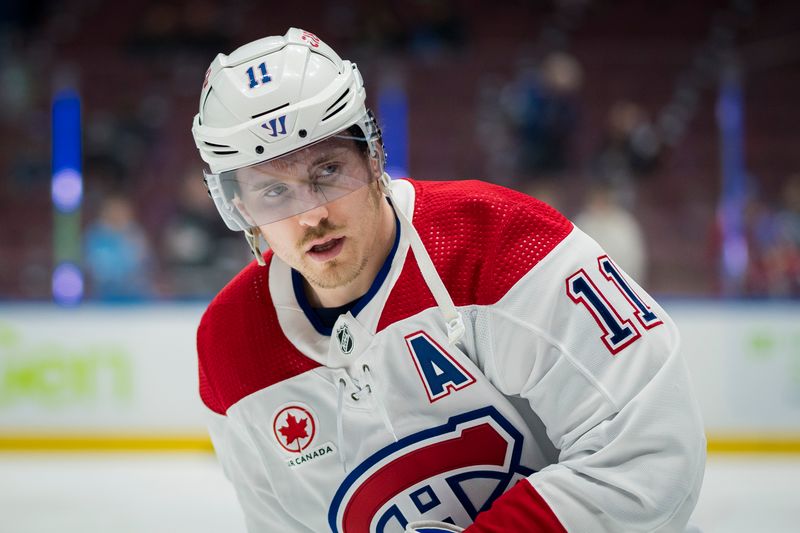 Mar 21, 2024; Vancouver, British Columbia, CAN; Montreal Canadiens forward Brendan Gallagher (11) skates during warm up prior to a game against the Vancouver Canucks at Rogers Arena. Mandatory Credit: Bob Frid-USA TODAY Sports