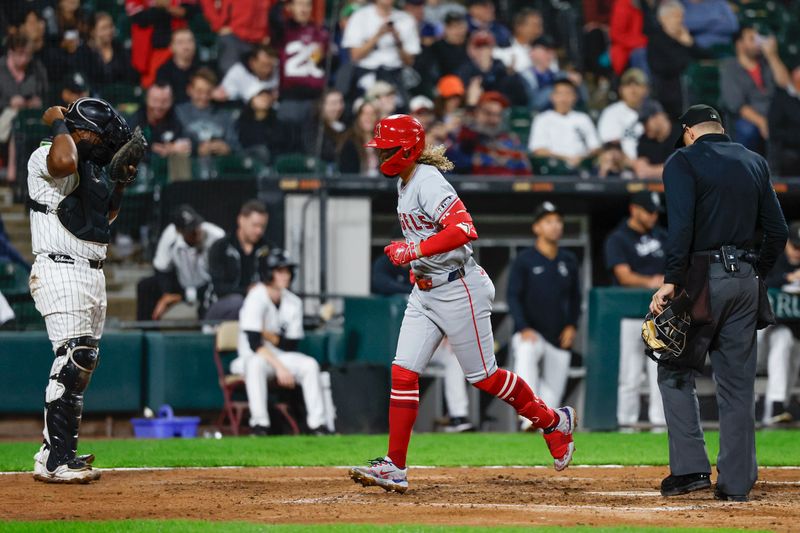 Sep 24, 2024; Chicago, Illinois, USA; Los Angeles Angels shortstop Jack Lopez (10) crosses home plate after hitting a solo home run against the Chicago White Sox during the eight inning at Guaranteed Rate Field. Mandatory Credit: Kamil Krzaczynski-Imagn Images