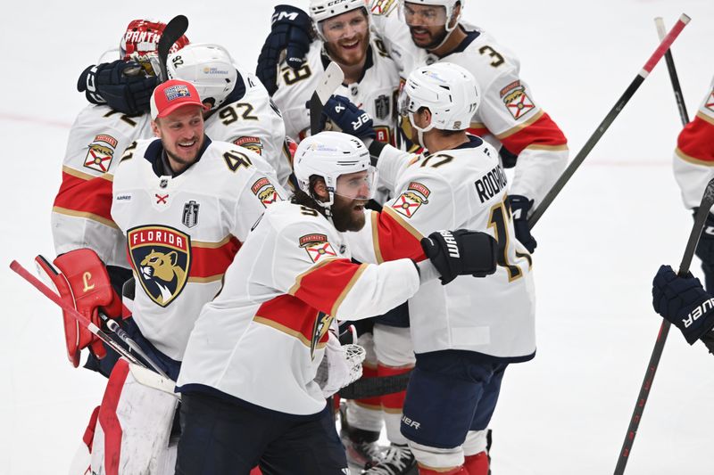 Jun 6, 2025; Edmonton, Alberta, CAN; The Florida Panthers react after defeatingd he Edmonton Oilers in double overtime for game two of the 2025 Stanley Cup Final at Rogers Place. Mandatory Credit: Walter Tychnowicz-Imagn Images