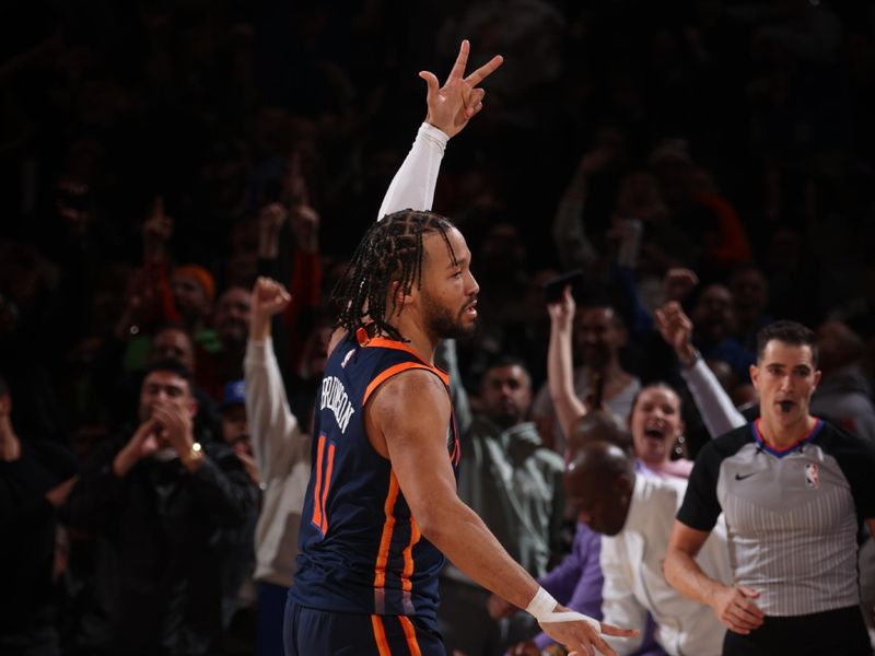 NEW YORK, NY - FEBRUARY 1: Jalen Brunson #11 of the New York Knicks celebrates during the game against the Indiana Pacers on February 1, 2024 at Madison Square Garden in New York City, New York.  NOTE TO USER: User expressly acknowledges and agrees that, by downloading and or using this photograph, User is consenting to the terms and conditions of the Getty Images License Agreement. Mandatory Copyright Notice: Copyright 2024 NBAE  (Photo by Nathaniel S. Butler/NBAE via Getty Images)