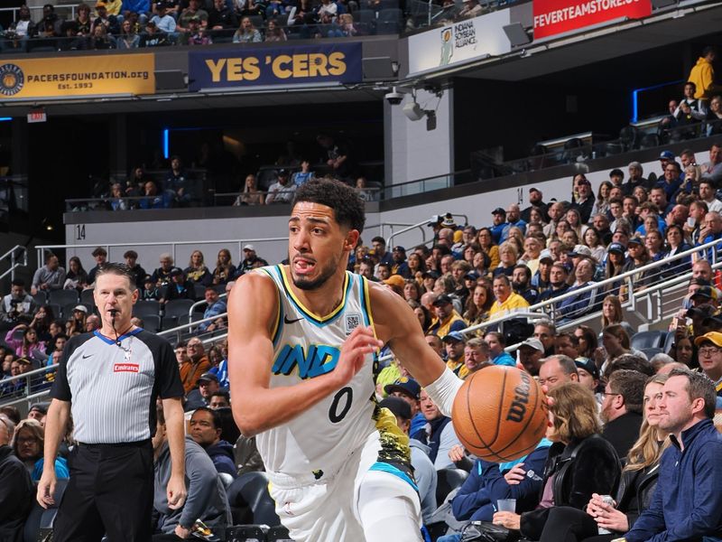 INDIANAPOLIS, IN - NOVEMBER 24: Tyrese Haliburton #0 of the Indiana Pacers drives to the basket during the game against the Washington Wizards on November 24, 2024 at Gainbridge Fieldhouse in Indianapolis, Indiana. NOTE TO USER: User expressly acknowledges and agrees that, by downloading and or using this Photograph, user is consenting to the terms and conditions of the Getty Images License Agreement. Mandatory Copyright Notice: Copyright 2024 NBAE (Photo by Ron Hoskins/NBAE via Getty Images)