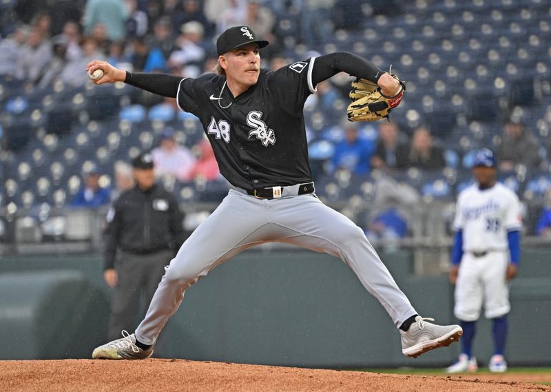 May 7, 2025; Kansas City, Missouri, USA;  Chicago White Sox starting pitcher Jonathan Cannon (48) throws a pitch in the first inning against the Kansas City Royals at Kauffman Stadium. Mandatory Credit: Peter Aiken-Imagn Images
