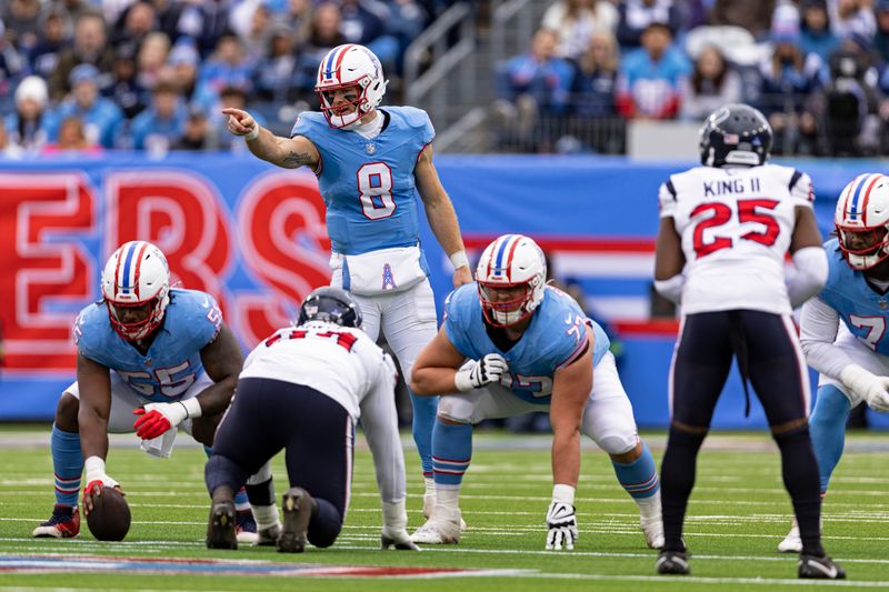 Tennessee Titans quarterback Will Levis (8) points as he calls a play during their NFL football game against the Houston Texans Sunday, Dec. 17, 2023, in Nashville, Tenn. (AP Photo/Wade Payne)