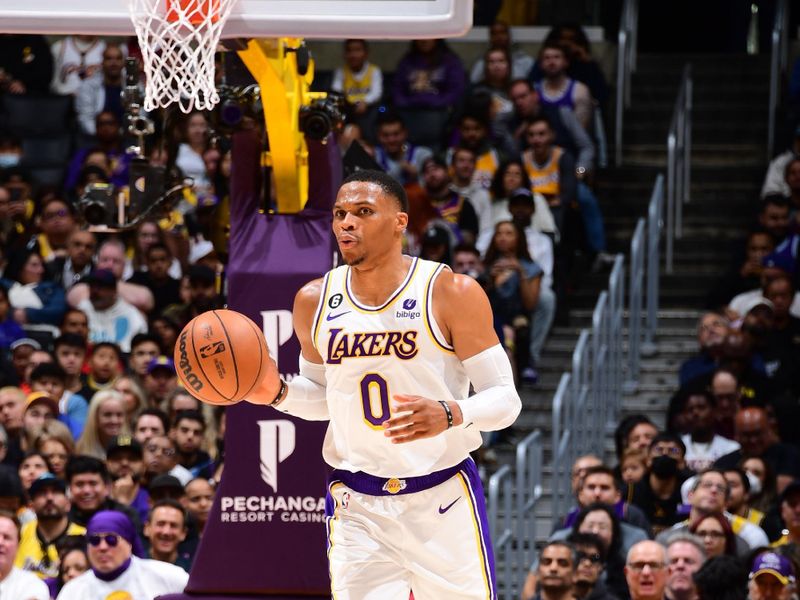 LOS ANGELES, CA - NOVEMBER 6: Russell Westbrook #0 of the Los Angeles Lakers dribbles the ball during the game against the Cleveland Cavaliers on November 6, 2022 at Crypto.Com Arena in Los Angeles, California. NOTE TO USER: User expressly acknowledges and agrees that, by downloading and/or using this Photograph, user is consenting to the terms and conditions of the Getty Images License Agreement. Mandatory Copyright Notice: Copyright 2022 NBAE (Photo by Adam Pantozzi/NBAE via Getty Images)