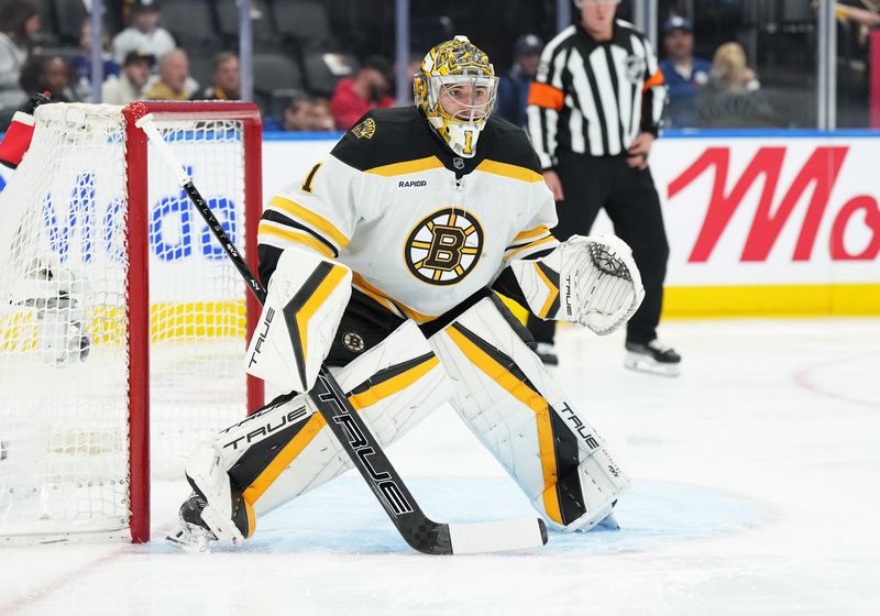 Nov 5, 2024; Toronto, Ontario, CAN; Boston Bruins goaltender Jeremy Swayman (1) follows the play against the Toronto Maple Leafs during the first period at Scotiabank Arena. Mandatory Credit: Nick Turchiaro-Imagn Imagess