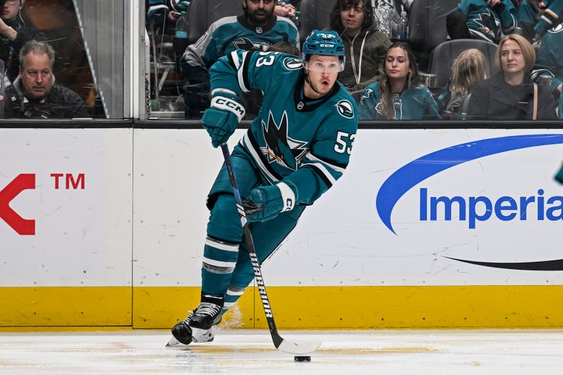 Dec 20, 2025; San Jose, California, USA; San Jose Sharks left wing Jeff Skinner (53) controls the puck against the Seattle Kraken during the third period at SAP Center at San Jose. Mandatory Credit: Justine Willard-Imagn Images