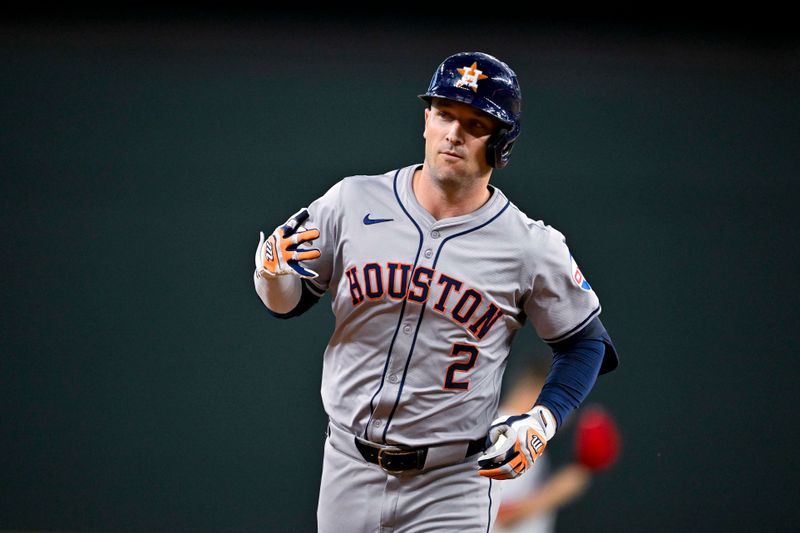 Aug 5, 2024; Arlington, Texas, USA; Houston Astros third baseman Alex Bregman (2) rounds the bases after he hits a solo home run against the Texas Rangers during the third inning at Globe Life Field. Mandatory Credit: Jerome Miron-USA TODAY Sports