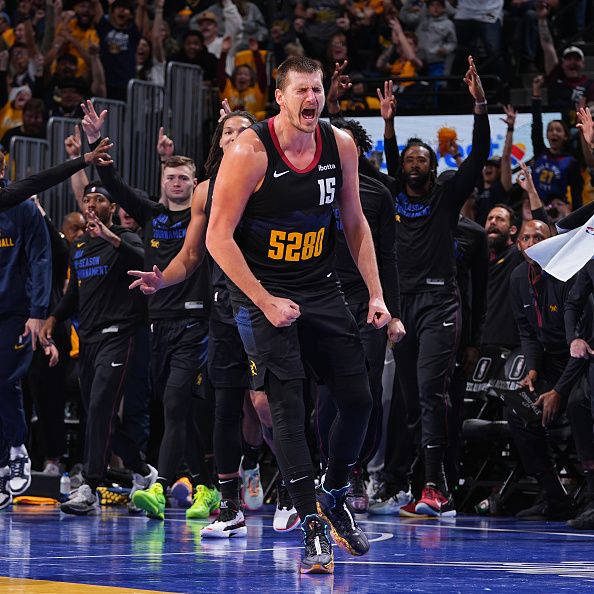 DENVER, CO - NOVEMBER 3: Nikola Jokic #15 of the Denver Nuggets celebrates during the game against the Dallas Mavericks during the In-Season Tournament on November 3, 2023 at the Ball Arena in Denver, Colorado. NOTE TO USER: User expressly acknowledges and agrees that, by downloading and/or using this Photograph, user is consenting to the terms and conditions of the Getty Images License Agreement. Mandatory Copyright Notice: Copyright 2023 NBAE (Photo by Bart Young/NBAE via Getty Images)