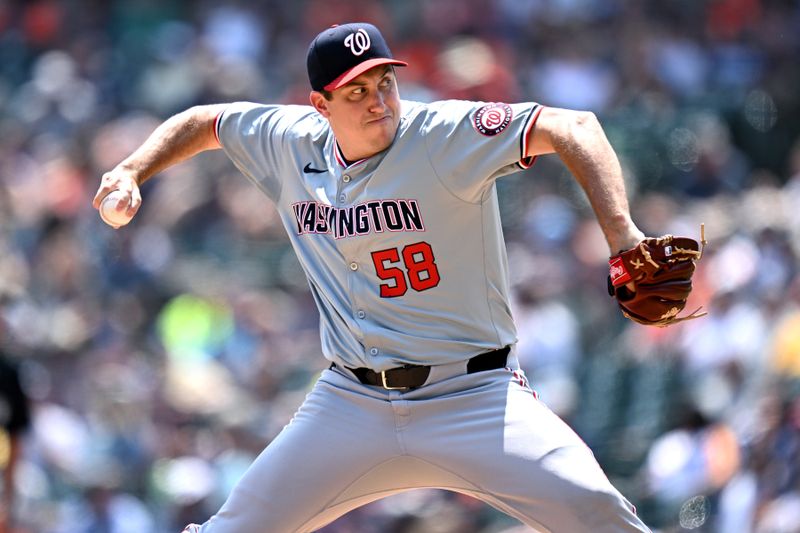 Jun 13, 2024; Detroit, Michigan, USA;  Washington Nationals pitcher Derek Law (58) throws a pitch against the Detroit Tigers in the sixth inning at Comerica Park. Mandatory Credit: Lon Horwedel-USA TODAY Sports