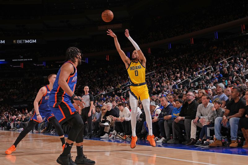 NEW YORK, NY - FEBRUARY 10: Tyrese Haliburton #0 of the Indiana Pacers shoots the ball during the game against the New York Knicks on February 10, 2024 at Madison Square Garden in New York City, New York.  NOTE TO USER: User expressly acknowledges and agrees that, by downloading and or using this photograph, User is consenting to the terms and conditions of the Getty Images License Agreement. Mandatory Copyright Notice: Copyright 2024 NBAE  (Photo by Jesse D. Garrabrant/NBAE via Getty Images)