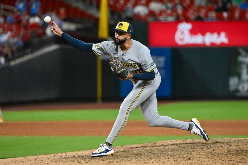 Aug 20, 2024; St. Louis, Missouri, USA;  Milwaukee Brewers relief pitcher Devin Williams (38) pitches against the St. Louis Cardinals during the ninth inning at Busch Stadium. Mandatory Credit: Jeff Curry-USA TODAY Sports