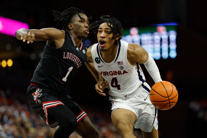 Mar 4, 2023; Charlottesville, Virginia, USA; Virginia Cavaliers guard Armaan Franklin (4) drives to the basket as Louisville Cardinals guard Mike James (1) defends in the second half at John Paul Jones Arena. Mandatory Credit: Geoff Burke-USA TODAY Sports