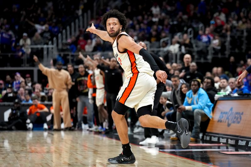 DETROIT, MICHIGAN - JANUARY 09: Cade Cunningham #2 of the Detroit Pistons points and reacts against the Golden State Warriors at Little Caesars Arena on January 09, 2025 in Detroit, Michigan. NOTE TO USER: User expressly acknowledges and agrees that, by downloading and or using this photograph, User is consenting to the terms and conditions of the Getty Images License Agreement. (Photo by Nic Antaya/Getty Images)