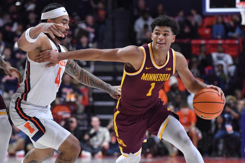 Jan 17, 2026; Champaign, Illinois, USA; Minnesota Golden Gophers guard Isaac Asuma (1) drives the ball around Illinois Fighting Illini guard Kylan Boswell (4) during the second half at State Farm Center. Mandatory Credit: Ron Johnson-Imagn Images