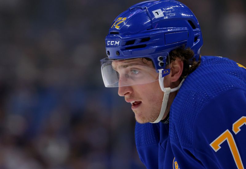 Feb 19, 2024; Buffalo, New York, USA;  Buffalo Sabres right wing Tage Thompson (72) waits for the face-off during the second period against the Anaheim Ducks at KeyBank Center. Mandatory Credit: Timothy T. Ludwig-USA TODAY Sports