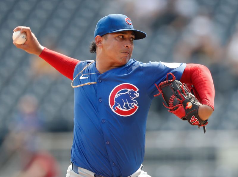 Aug 28, 2024; Pittsburgh, Pennsylvania, USA;  Chicago Cubs relief pitcher Daniel Palencia (48) pitches against the Pittsburgh Pirates during the seventh inning at PNC Park. Mandatory Credit: Charles LeClaire-USA TODAY Sports