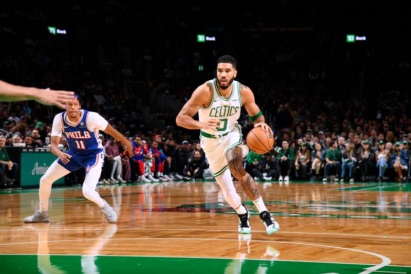 BOSTON, MA - OCTOBER 12: Jayson Tatum #0 of the Boston Celtics drives to the basket during the game against the Philadelphia 76ers during a NBA Preseason game on October 12, 2024 at TD Garden in Boston, Massachusetts. NOTE TO USER: User expressly acknowledges and agrees that, by downloading and/or using this Photograph, user is consenting to the terms and conditions of the Getty Images License Agreement. Mandatory Copyright Notice: Copyright 2024 NBAE (Photo by Brian Babineau/NBAE via Getty Images)