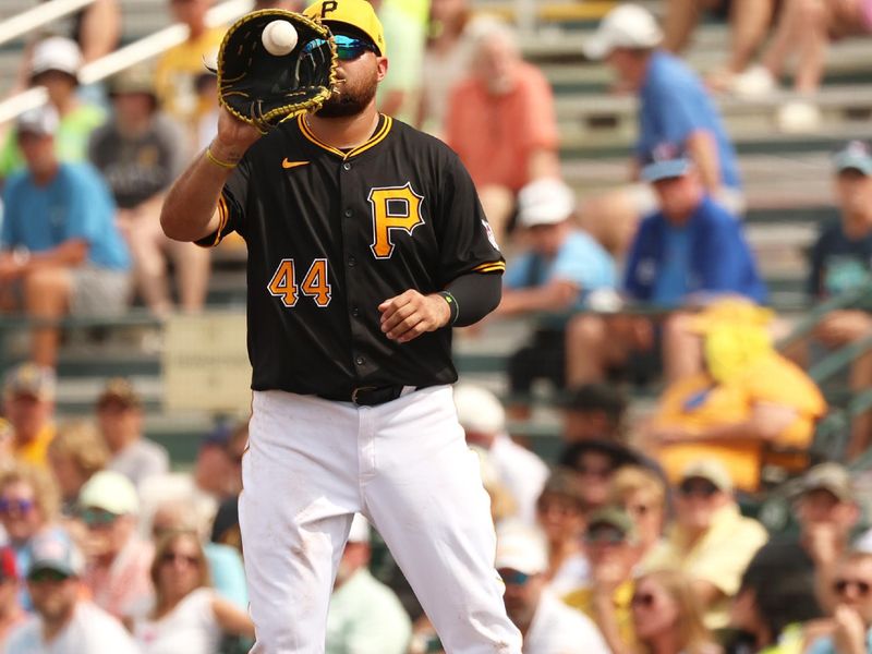 Mar 5, 2024; Bradenton, Florida, USA; Pittsburgh Pirates first baseman Rowdy Tellez (44) catches the ball for an out during the fifth inning against the Toronto Blue Jays at LECOM Park. Mandatory Credit: Kim Klement Neitzel-USA TODAY Sports