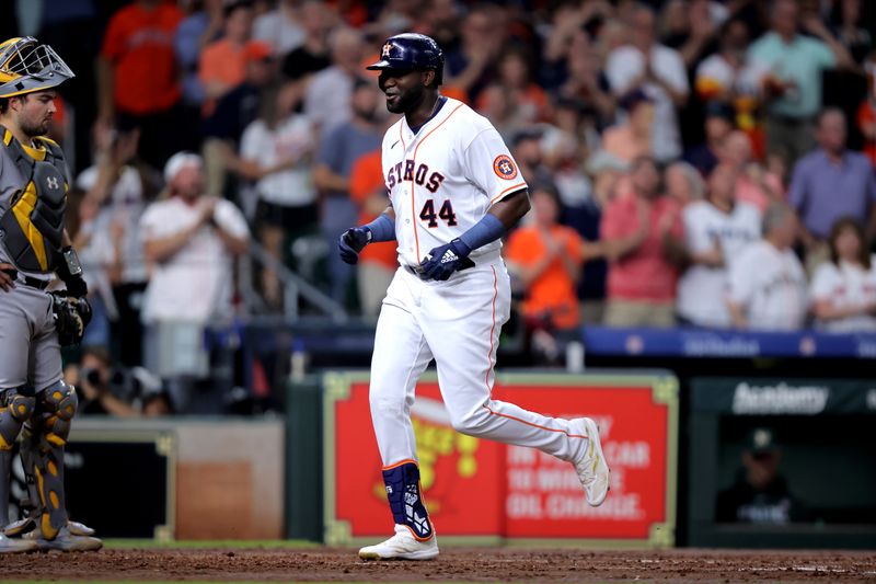 Sep 13, 2023; Houston, Texas, USA; Houston Astros left fielder Yordan Alvarez (44) crosses home plate after hitting a three-run home run to right field against the Oakland Athletics during the third inning at Minute Maid Park. Mandatory Credit: Erik Williams-USA TODAY Sports