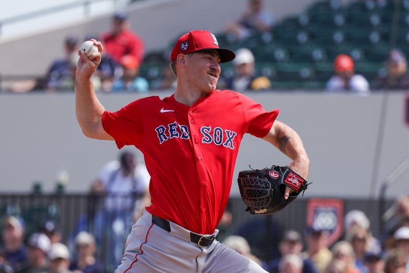 Mar 4, 2024; Lakeland, Florida, USA; Boston Red Sox relief pitcher Josh Winckowski (25) pitches during the first inning against the Detroit Tigers at Publix Field at Joker Marchant Stadium. Mandatory Credit: Mike Watters-USA TODAY Sports