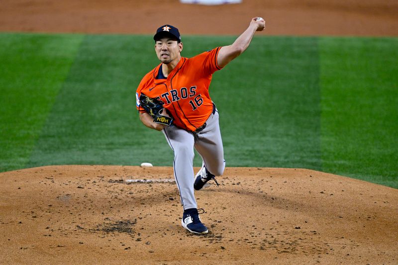 Aug 7, 2024; Arlington, Texas, USA;  Houston Astros starting pitcher Yusei Kikuchi (16) pitches against the Texas Rangers during the first inning at Globe Life Field. Mandatory Credit: Jerome Miron-USA TODAY Sports