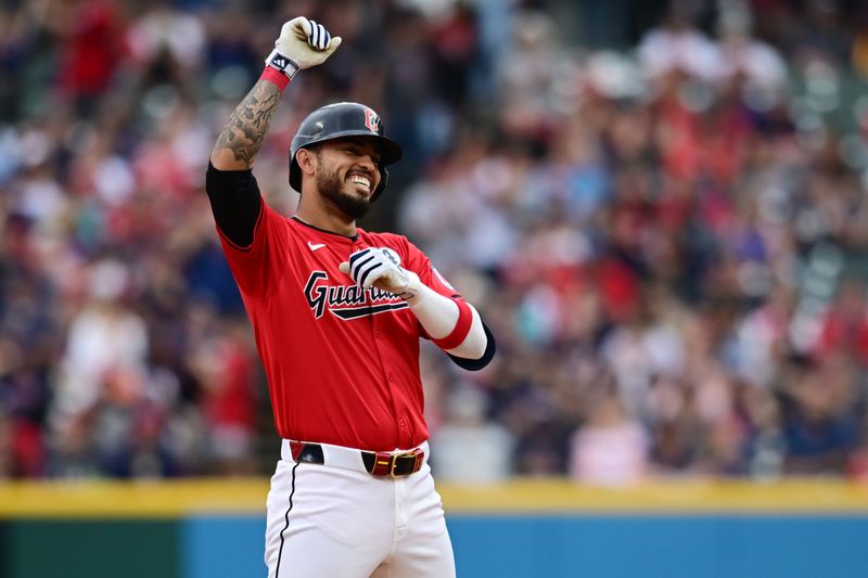 Jun 2, 2024; Cleveland, Ohio, USA; Cleveland Guardians third baseman Gabriel Arias (13) celebrates after hitting a double during the second inning against the Washington Nationals at Progressive Field. Mandatory Credit: Ken Blaze-USA TODAY Sports
