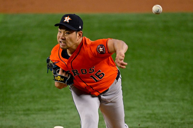 Aug 7, 2024; Arlington, Texas, USA;  Houston Astros starting pitcher Yusei Kikuchi (16) pitches against the Texas Rangers during the first inning at Globe Life Field. Mandatory Credit: Jerome Miron-USA TODAY Sports