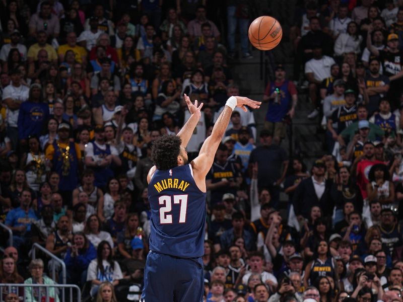 DENVER, CO - MAY 11: Jamal Murray #27 of the Denver Nuggets shoots a three point basket during the game against the Oklahoma City Thunder during Round 2 Game 4 of the 2025 NBA Playoffs on May 11, 2025 at Ball Arena in Denver, Colorado. NOTE TO USER: User expressly acknowledges and agrees that, by downloading and/or using this Photograph, user is consenting to the terms and conditions of the Getty Images License Agreement. Mandatory Copyright Notice: Copyright 2025 NBAE (Photo by Bart Young/NBAE via Getty Images)