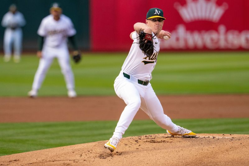 Aug 5, 2024; Oakland, California, USA;  Oakland Athletics starting pitcher JP Sears (38) delivers a pitch against the Chicago White Sox during the first inning at Oakland-Alameda County Coliseum. Mandatory Credit: Neville E. Guard-USA TODAY Sports