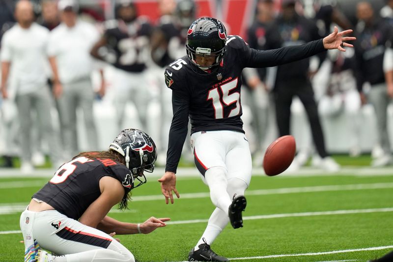 Houston Texans place kicker Ka'imi Fairbairn (15) kicks a 30-yard field goal during the first half of an NFL football game against the Jacksonville Jaguars, Sunday, Sept. 29, 2024, in Houston. (AP Photo/Eric Gay)