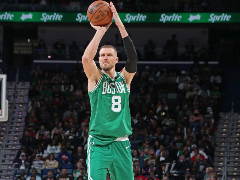 NEW ORLEANS, LA - JANUARY 31: Kristaps Porzingis #8 of the Boston Celtics shoots a free throw during the game against the New Orleans Pelicans on January 31, 2025 at the Smoothie King Center in New Orleans, Louisiana. NOTE TO USER: User expressly acknowledges and agrees that, by downloading and or using this Photograph, user is consenting to the terms and conditions of the Getty Images License Agreement. Mandatory Copyright Notice: Copyright 2025 NBAE (Photo by Layne Murdoch Jr./NBAE via Getty Images)