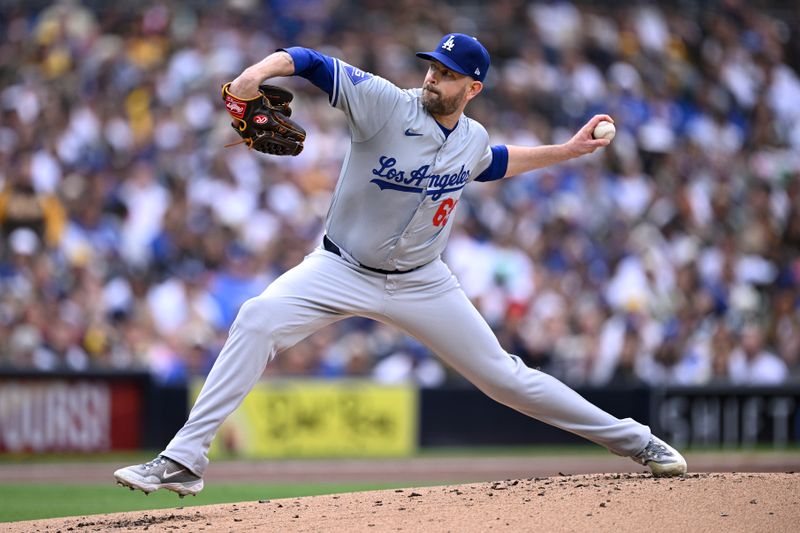 May 11, 2024; San Diego, California, USA; Los Angeles Dodgers starting pitcher James Paxton (65) throws a pitch against the San Diego Padres during the first inning at Petco Park. Mandatory Credit: Orlando Ramirez-USA TODAY Sports