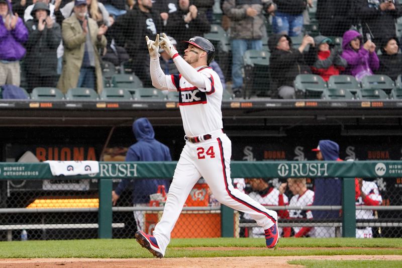 Apr 30, 2023; Chicago, Illinois, USA; Chicago White Sox catcher Yasmani Grandal (24) runs the bases after hitting a two-run home run against the Tampa Bay Rays during the sixth inning at Guaranteed Rate Field. Mandatory Credit: David Banks-USA TODAY Sports