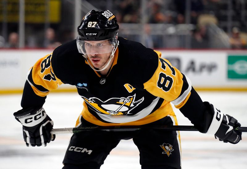 Mar 5, 2024; Pittsburgh, Pennsylvania, USA; Pittsburgh Penguins center Sidney Crosby (87) at the face-off circle against the Columbus Blue Jackets during the third period at PPG Paints Arena. The Penguins won 5-3. Mandatory Credit: Charles LeClaire-USA TODAY Sports