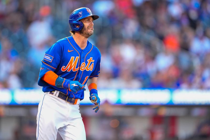 Sep 14, 2023; New York City, New York, USA; New York Mets second baseman Jeff McNeil (1) watches his two run home run against the Arizona Diamondbacks during the fifth inning at Citi Field. Mandatory Credit: Gregory Fisher-USA TODAY Sports