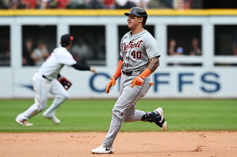 Jul 25, 2024; Cleveland, Ohio, USA; Detroit Tigers first baseman Bligh Madris (40) advances to second with a double during the ninth inning against the Cleveland Guardians at Progressive Field. Mandatory Credit: Ken Blaze-USA TODAY Sports