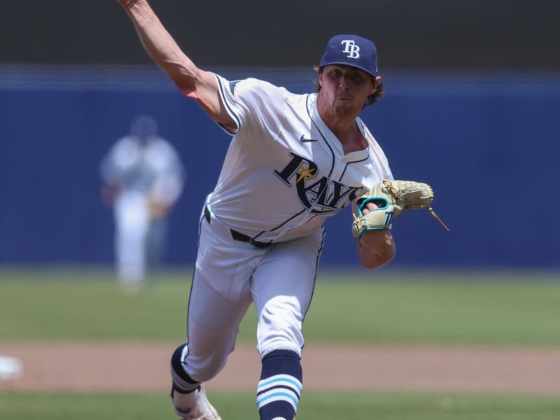 Apr 20, 2025; Tampa, Florida, USA; Tampa Bay Rays starting pitcher Ryan Pepiot (44) throws a pitch against the New York Yankees in the fourth inning at George M. Steinbrenner Field. Mandatory Credit: Nathan Ray Seebeck-Imagn Images