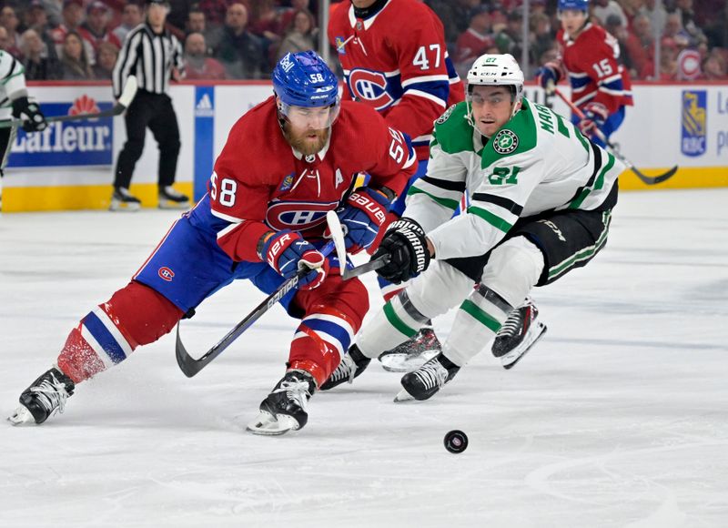 Feb 10, 2024; Montreal, Quebec, CAN; Dallas Stars forward Mason Marchment (27) forechecks Montreal Canadiens defenseman David Savard (58) during the first period at the Bell Centre. Mandatory Credit: Eric Bolte-USA TODAY Sports