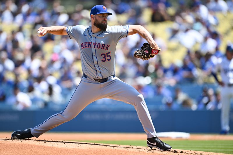 Apr 21, 2024; Los Angeles, California, USA; New York Mets pitcher Adrian Houser (35) throws a pitch against the Los Angeles Dodgers during the first inning at Dodger Stadium. Mandatory Credit: Jonathan Hui-USA TODAY Sports