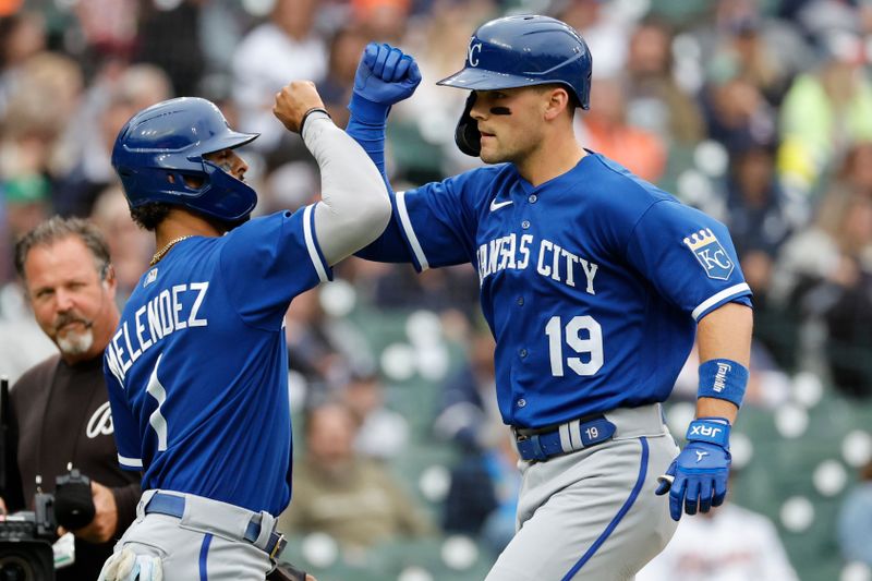 Sep 28, 2023; Detroit, Michigan, USA; Kansas City Royals second baseman Michael Massey (19) receives congratulations from right fielder MJ Melendez (1) after he hit a two run home run in the third inning against the Detroit Tigers at Comerica Park. Mandatory Credit: Rick Osentoski-USA TODAY Sports