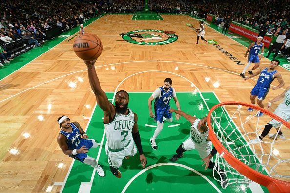 BOSTON, MA - DECEMBER 17: Jaylen Brown #7 of the Boston Celtics drives to the basket during the game against the Orlando Magic on December 17, 2023 at the TD Garden in Boston, Massachusetts. NOTE TO USER: User expressly acknowledges and agrees that, by downloading and or using this photograph, User is consenting to the terms and conditions of the Getty Images License Agreement. Mandatory Copyright Notice: Copyright 2023 NBAE  (Photo by Brian Babineau/NBAE via Getty Images)