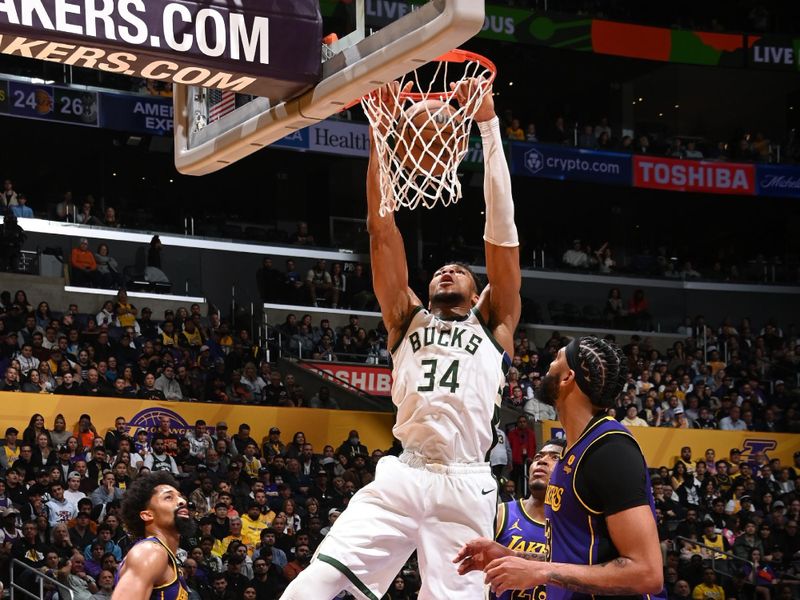 LOS ANGELES, CA - MARCH 8: Giannis Antetokounmpo #34 of the Milwaukee Bucks dunks the ball during the game against the Los Angeles Lakers on March 8, 2024 at Crypto.Com Arena in Los Angeles, California. NOTE TO USER: User expressly acknowledges and agrees that, by downloading and/or using this Photograph, user is consenting to the terms and conditions of the Getty Images License Agreement. Mandatory Copyright Notice: Copyright 2024 NBAE (Photo by Andrew D. Bernstein/NBAE via Getty Images)