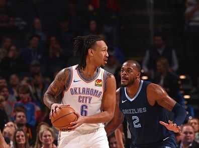 OKLAHOMA CITY, OK - DECEMBER 18:  Jaylin Williams #6 of the Oklahoma City Thunder handles the ball during the game against the Memphis Grizzlies on December 18, 2023 at Paycom Arena in Oklahoma City, Oklahoma. NOTE TO USER: User expressly acknowledges and agrees that, by downloading and or using this photograph, User is consenting to the terms and conditions of the Getty Images License Agreement. Mandatory Copyright Notice: Copyright 2023 NBAE (Photo by Zach Beeker/NBAE via Getty Images)