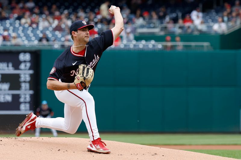 Apr 21, 2024; Washington, District of Columbia, USA; Washington Nationals starting pitcher Mitchell Parker (70) pitches against the Houston Astros during the first inning at Nationals Park. Mandatory Credit: Geoff Burke-USA TODAY Sports