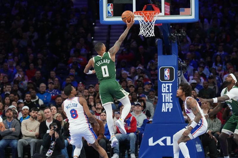 PHILADELPHIA, PA - FEBRUARY 25: Damian Lillard #0 of the Milwaukee Bucks drives to the basket during the game against the Philadelphia 76ers on February 25, 2024 at the Wells Fargo Center in Philadelphia, Pennsylvania NOTE TO USER: User expressly acknowledges and agrees that, by downloading and/or using this Photograph, user is consenting to the terms and conditions of the Getty Images License Agreement. Mandatory Copyright Notice: Copyright 2024 NBAE (Photo by Jesse D. Garrabrant/NBAE via Getty Images)