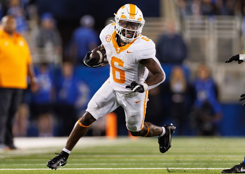 Oct 28, 2023; Lexington, Kentucky, USA; Tennessee Volunteers running back Dylan Sampson (6) carries the ball during the fourth quarter against the Kentucky Wildcats at Kroger Field. Mandatory Credit: Jordan Prather-USA TODAY Sports