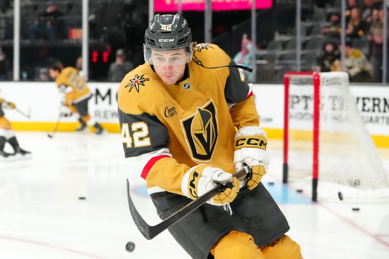 Dec 2, 2025; Las Vegas, Nevada, USA; Vegas Golden Knights right wing Braeden Bowman (42) warms up before a game against the Chicago Blackhawks at T-Mobile Arena. Mandatory Credit: Stephen R. Sylvanie-Imagn Images
