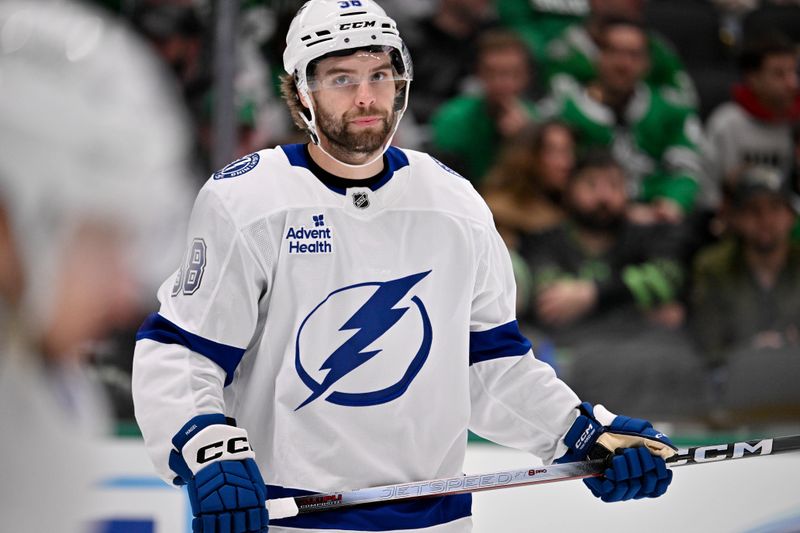 Jan 18, 2026; Dallas, Texas, USA; Tampa Bay Lightning left wing Brandon Hagel (38) looks on during the second period against the Dallas Stars at the American Airlines Center. Mandatory Credit: Jerome Miron-Imagn Images