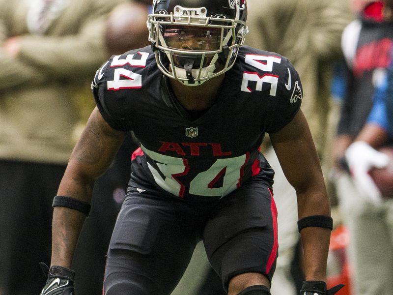 Atlanta Falcons cornerback Darren Hall (34) works during the first half of an NFL football game against the Los Angeles Chargers, Sunday, Nov. 6, 2022, in Atlanta. The Los Angeles Chargers won 20-17. (AP Photo/Danny Karnik)