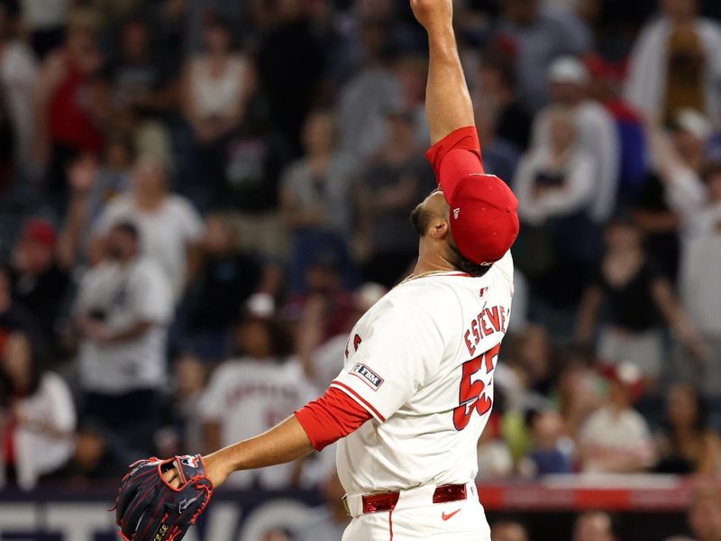 Jun 28, 2024; Anaheim, California, USA;  Los Angeles Angels relief pitcher Carlos Estevez (53) reacts to the final out during the ninth inning against the Detroit Tigers at Angel Stadium. Mandatory Credit: Kiyoshi Mio-USA TODAY Sports
